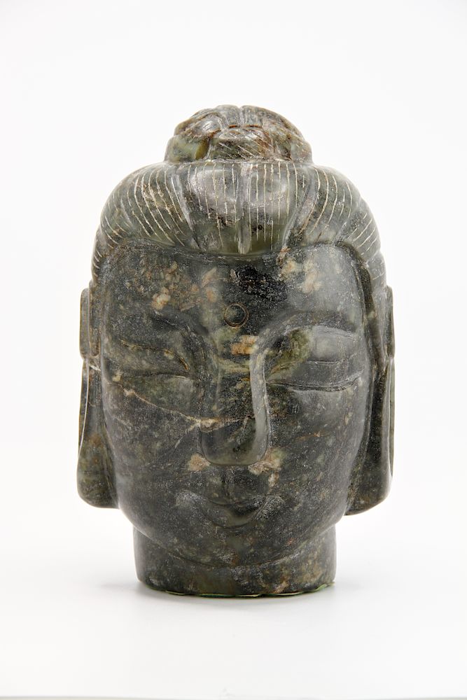 Appraisal: Large Dark Green Nephrite Head of Buddha The full face