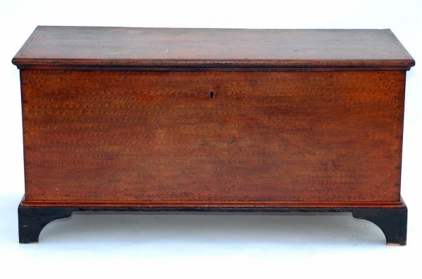 Appraisal: Blanket chest Pine Dovetailed Strap hinges Red body Black base