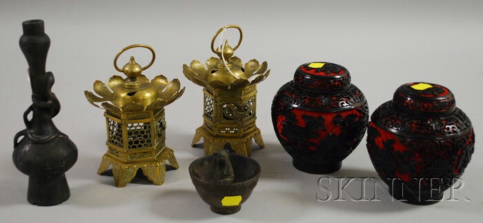 Appraisal: Six Asian Decorative Items a pair of two-color carved cinnabar