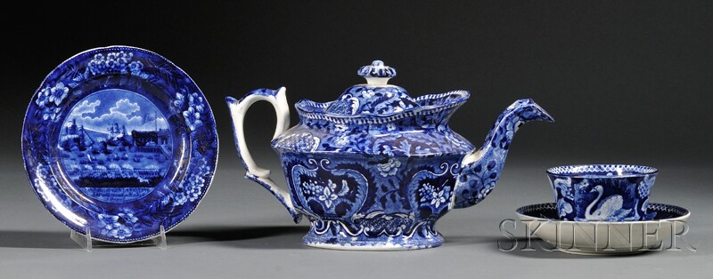 Appraisal: Four Blue and White Transfer-decorated Staffordshire Pottery Items England early