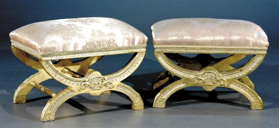 Appraisal: Pair Continental carved giltwood stools padded seat on X-form trestle