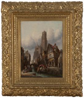 Appraisal: th Century Continental School Village scene with towering cathedral signed