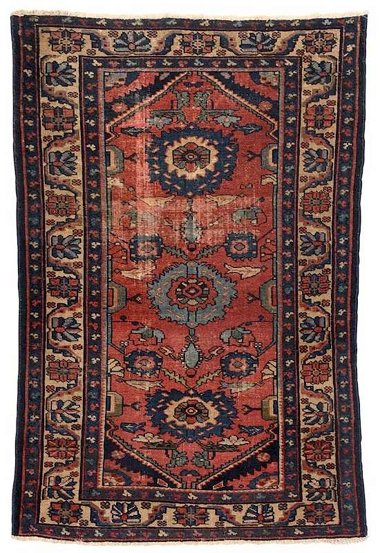 Appraisal: Hamadan Rug Persian th century three floral medallions red field