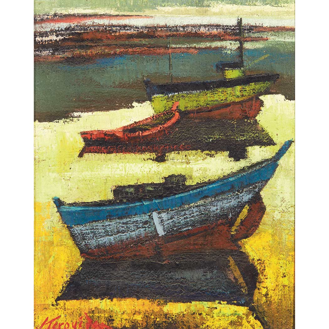 Appraisal: Paul Kerouedan French th st Century Boats at Low Tide