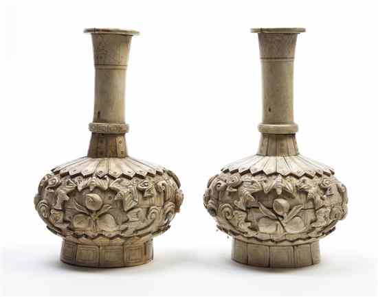 Appraisal: A Pair of Chinese Bone Veneered Vases of bottle form