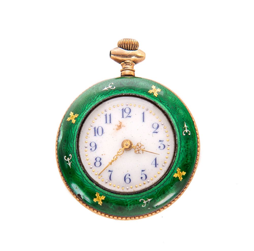 Appraisal: Swiss GF Gold Green Enameled Case Pendant Watch Swiss GF