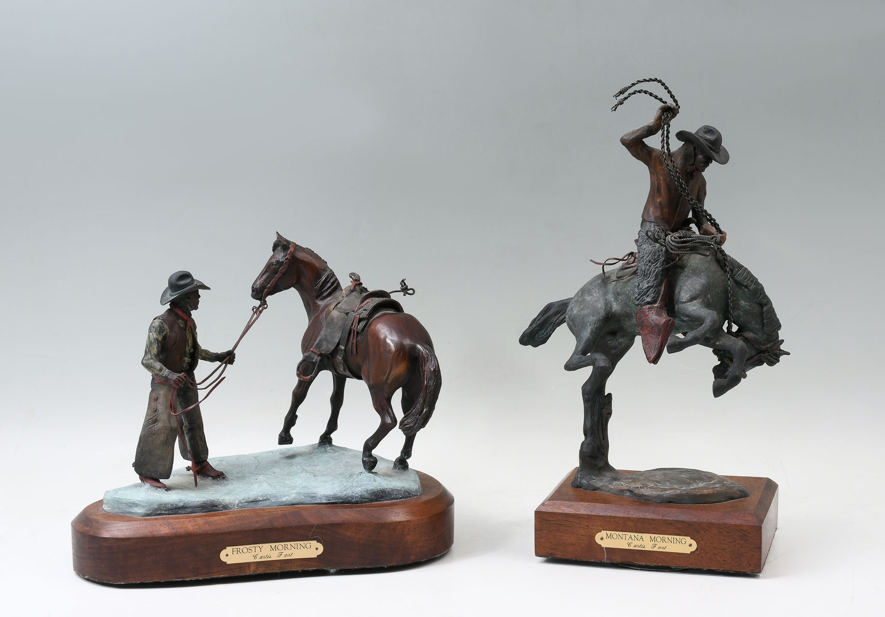 Appraisal: TWO CURTIS FORT WESTERN COWBOY BRONZES ''Frosty Morning'' Patinated Bronze