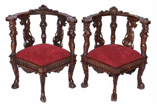 Appraisal: A PAIR OF VENETIAN CARVED WALNUT CORNER ELBOW CHAIRS the