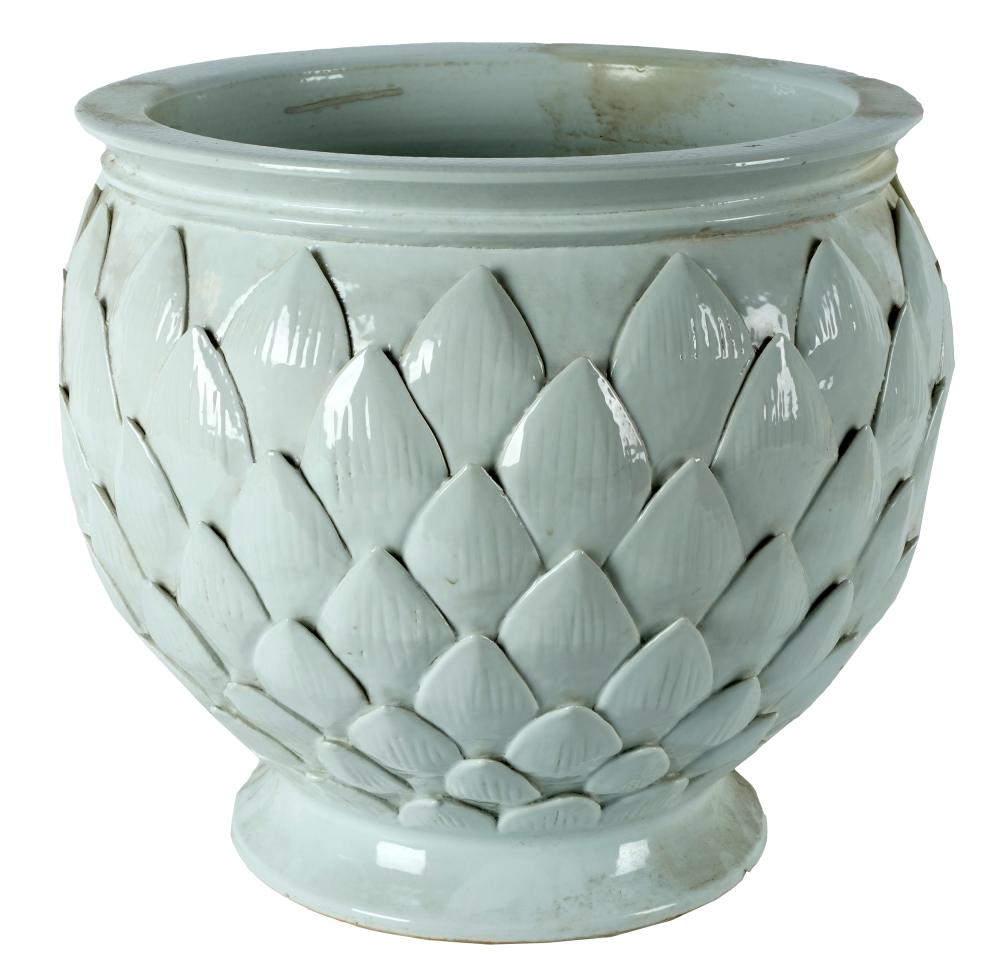 Appraisal: WHITE-GLAZED CERAMIC PLANTERunsigned molded with artichoke leaf motif inches diameter