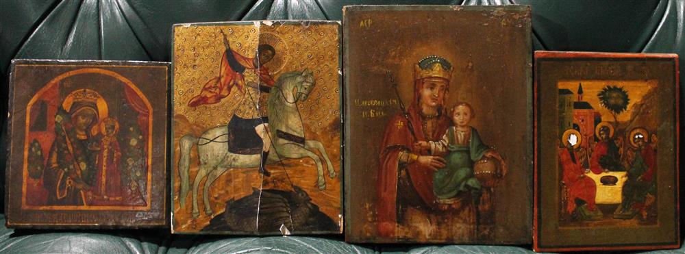 Appraisal: SIX ASSORTED RUSSIAN ICONS INCLUDING A CROSS AND ST GEORGE