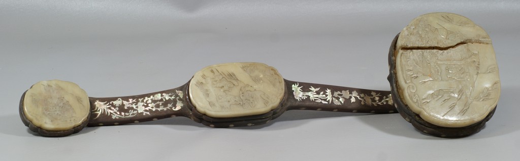 Appraisal: MOP inlaid Chinese sceptre with archaic carved jade mounts unattached