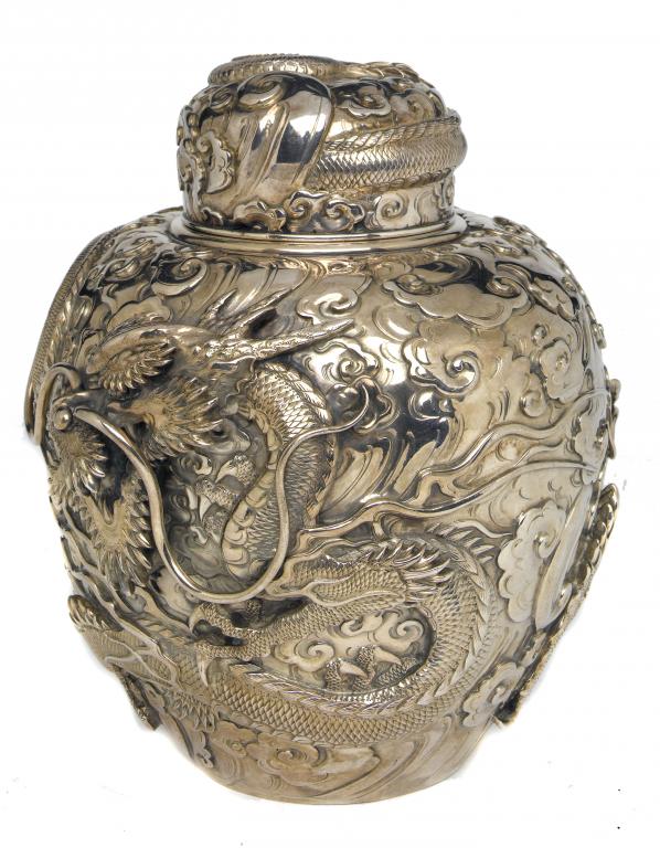 Appraisal: A CHINESE REPOUSS JAR AND COVER worked in high relief