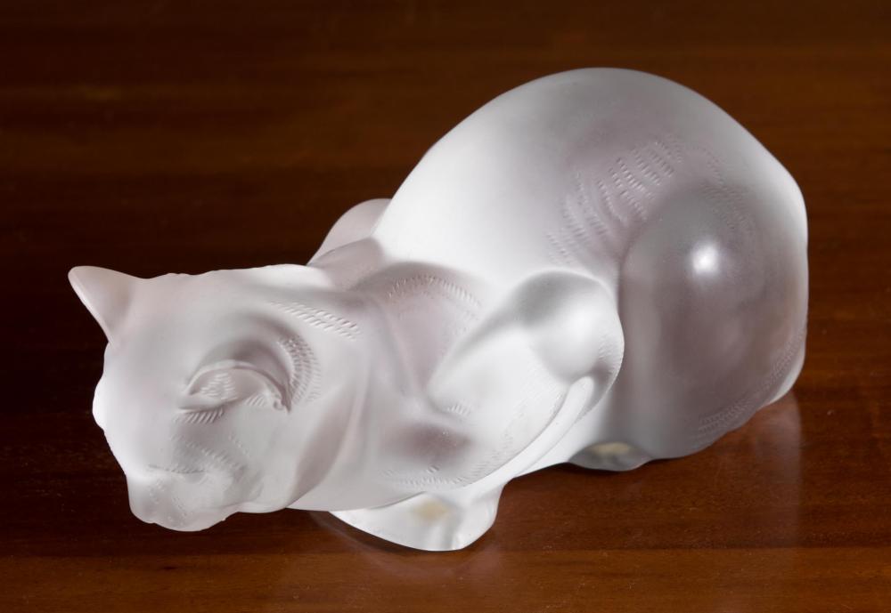 Appraisal: FRENCH LALIQUE FROSTED GLASS CAT crouching pose etched 'Lalique France'