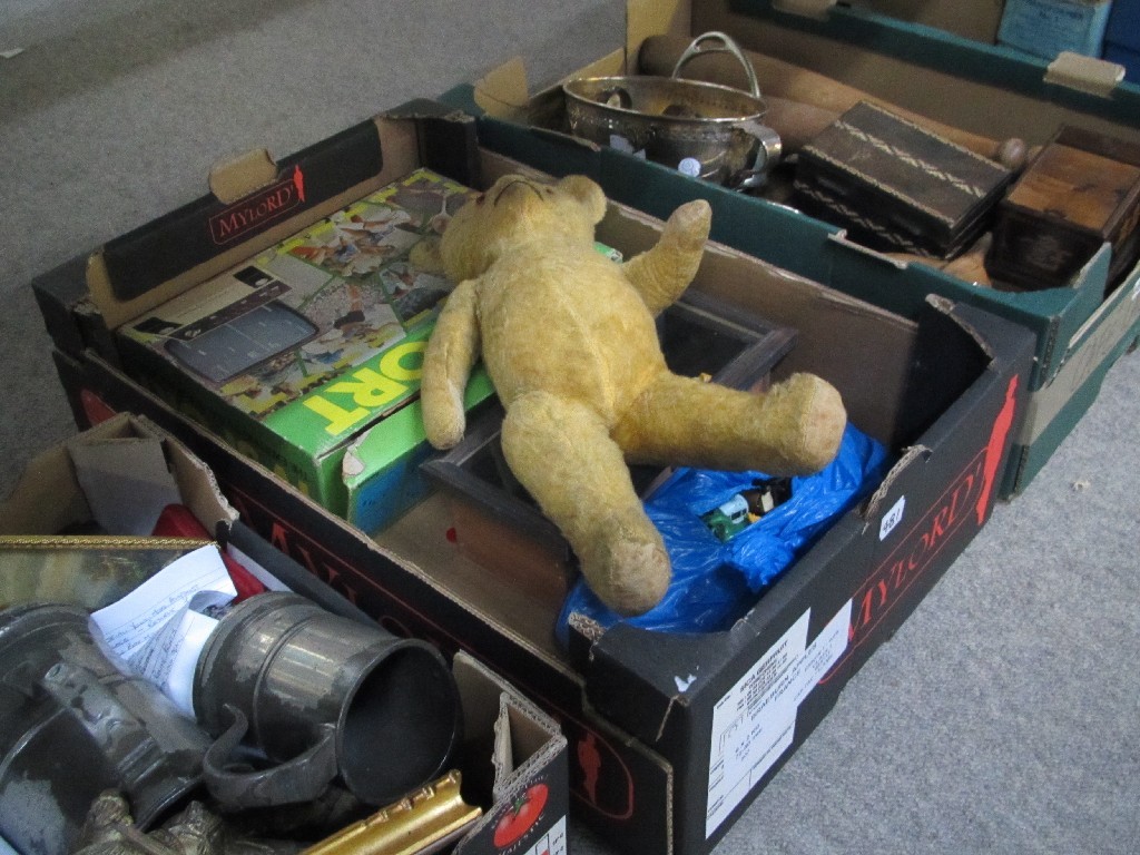 Appraisal: Lot comprising three boxes of miscellania - metalware toys teddy