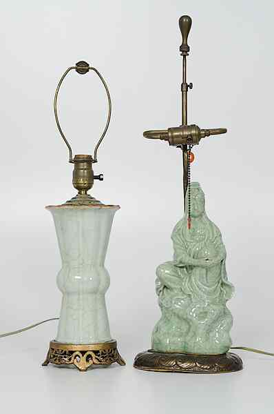 Appraisal: Chinese Celadon Lamps China Two celadon lamps including one with