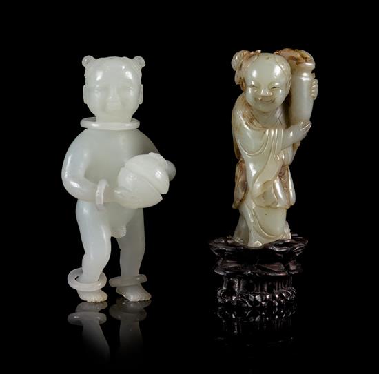 Appraisal: Sale Lot Two Carved Jade Figures of Boys both standing