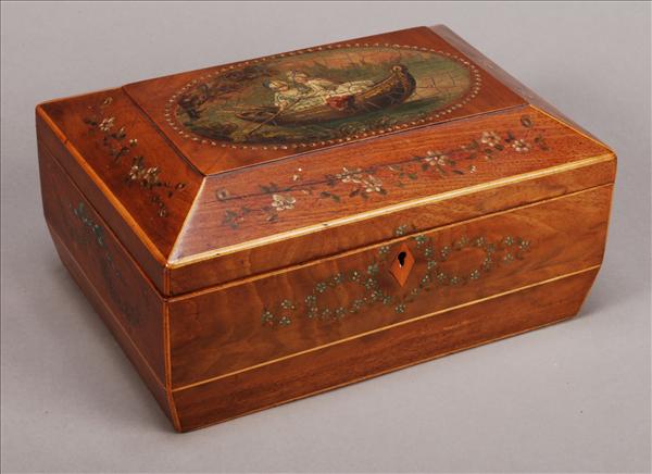 Appraisal: A George III mahogany sycamore strung and painted workbox last