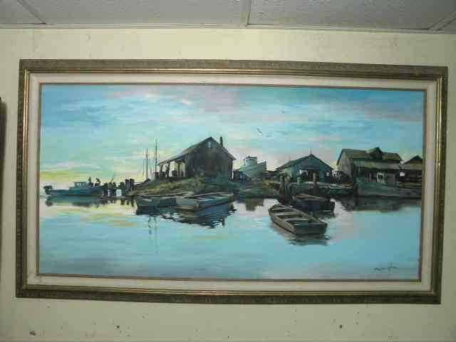 Appraisal: Oil on canvas painting of a ship yard Signed ''Paul