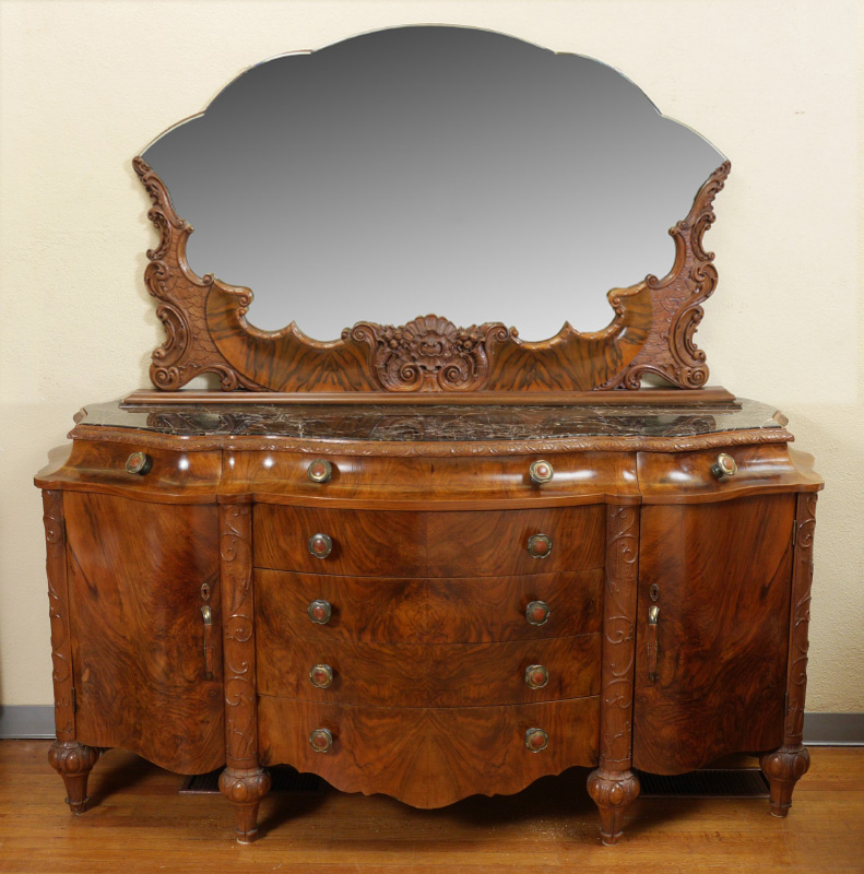 Appraisal: BURL WALNUT MARBLE TOP BUFFET WITH MIRROR Shaped mirror carved