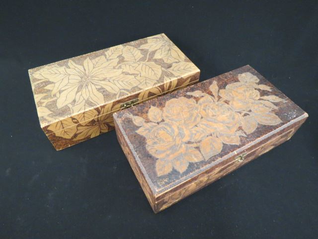 Appraisal: Pyrography Wooden Boxes Flemish Art and one signed and dated