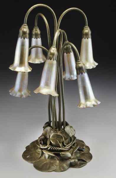 Appraisal: Tiffany bronze seven light lily lamp seven shepherd hook bronze