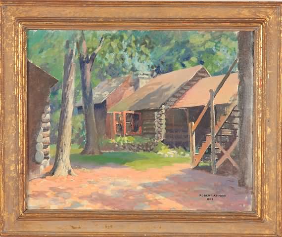 Appraisal: Log house and buildings surrounded by trees oil on masonite