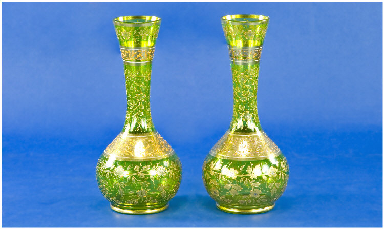 Appraisal: Pair Of Green Continental Glass Vases With All Over Enamelled