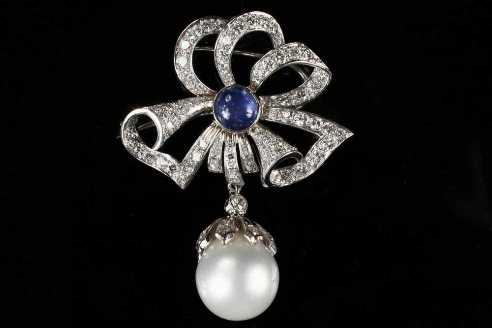 Appraisal: BROOCH - One antique platinum handmade diamond and pearl ribbon