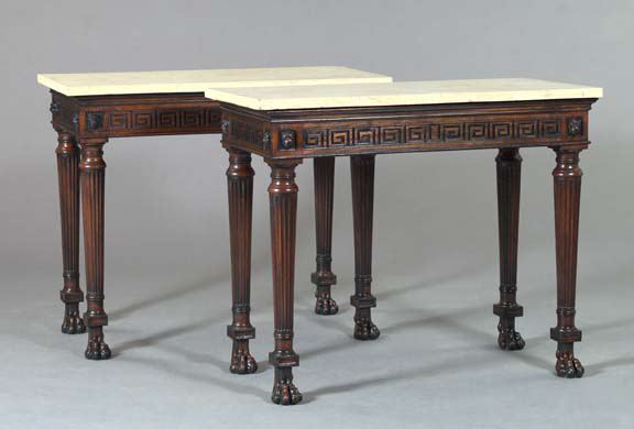 Appraisal: Pair of Regency-Style Mahogany and Marble-Top Side Tables each with