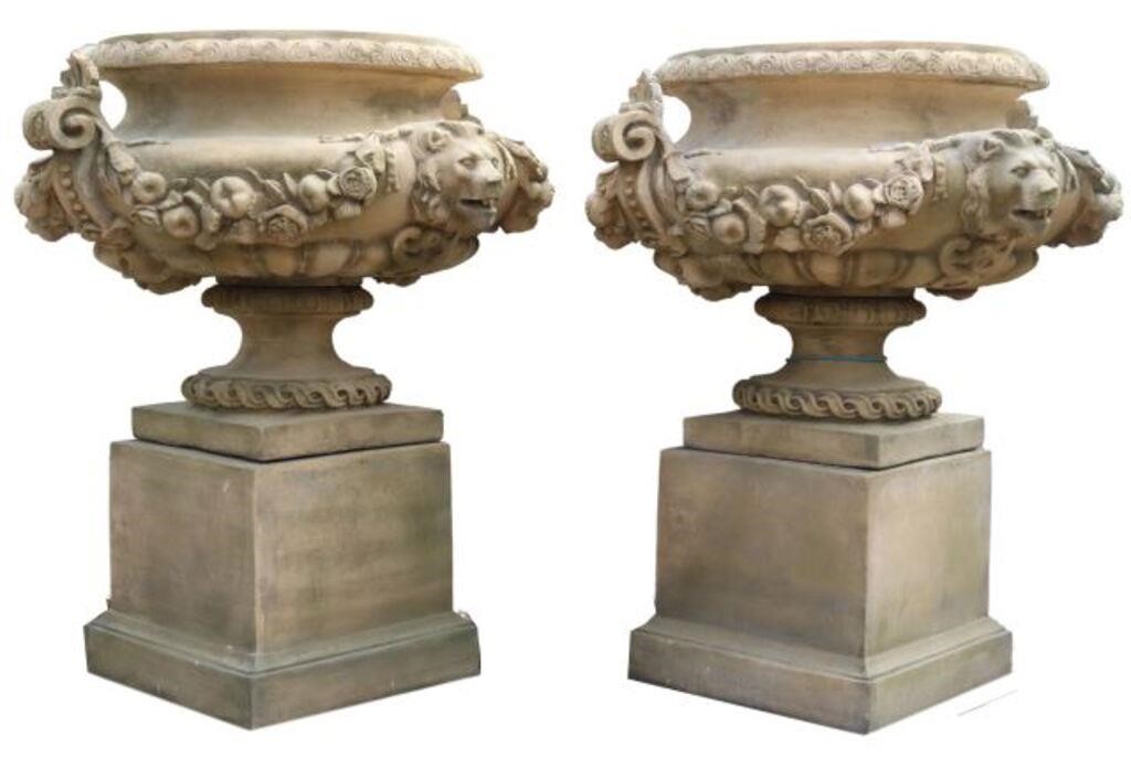 Appraisal: lot Monumental cast stone urn and pedestal group th c