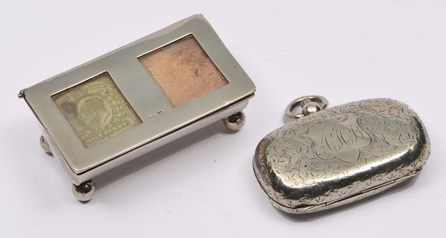 Appraisal: Silver stamp boxof plain form with bun supports Birmingham together