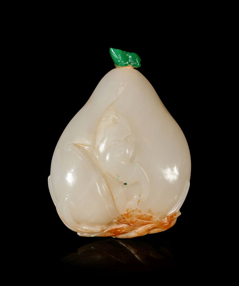 Appraisal: A Russet and White Jade 'Peach and Bat' Snuff Bottle