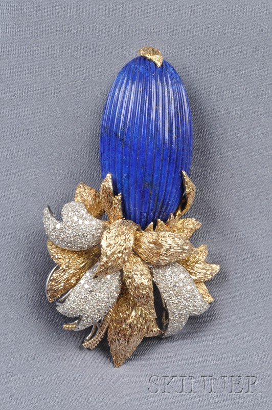 Appraisal: kt Bicolor Gold Lapis and Diamond Clip Brooch set with