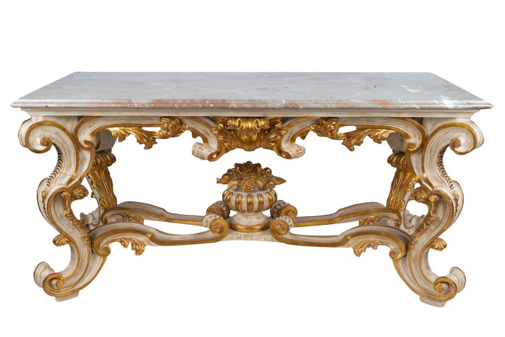 Appraisal: PAINTED GILT ITALIAN BAROQUE STYLE CENTER TABLEwith rectangular marble top