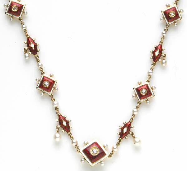 Appraisal: A diamond pearl and enamel necklace length in minor loss