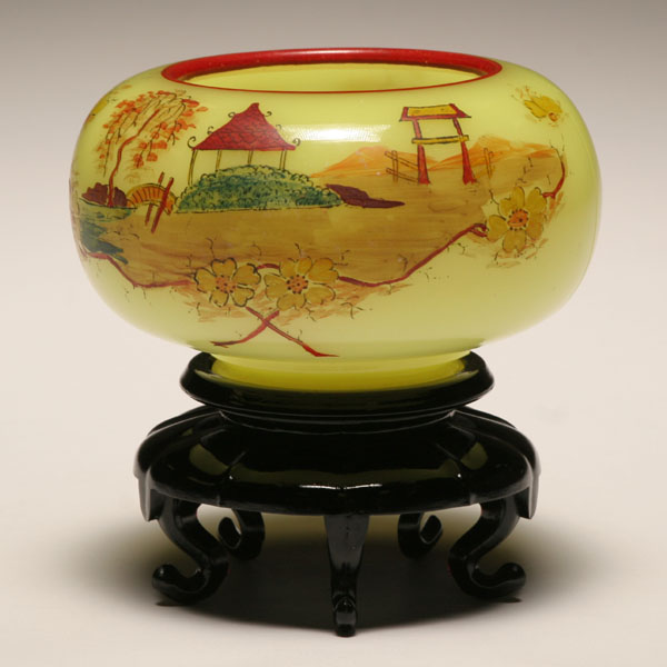 Appraisal: Fenton chinese yellow bowl Otto Gertler decorated Black toed base