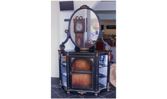 Appraisal: Victorian Ebonized Credenza The Glazed Door Between Open Shelves With