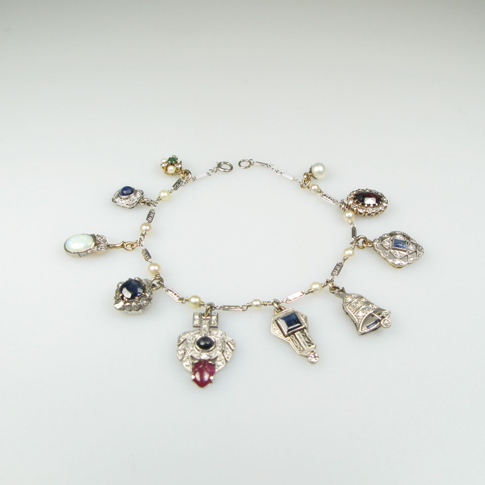 Appraisal: k White Gold And Cultured Pearl Charm Bracelet with various