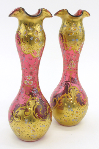 Appraisal: PAIR CRANBERRY ENAMELED VASES with forget-me-nots and other flowers against