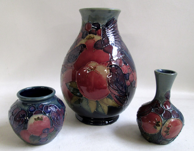 Appraisal: THREE MOORCROFT POTTERY VASES hand painted underglaze in the Finch