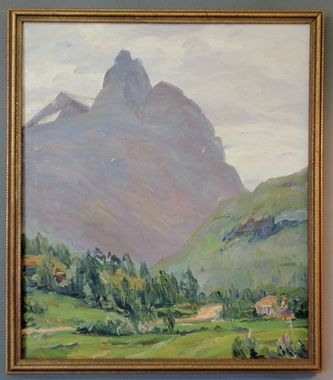 Appraisal: Oil on canvas painting of a mountain landscape probably by