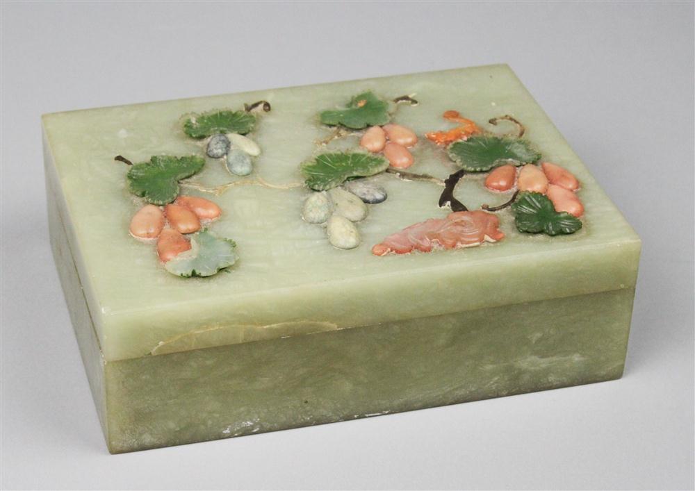 Appraisal: CHINESE HARDSTONE-INLAID SERPENTINE BOX the pale green rectangular box the