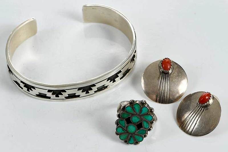 Appraisal: Three Pieces Southwestern Jewelry cuff bracelet stamped Abraham Begay Navajo