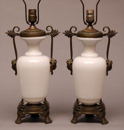 Appraisal: PAIR OF RENAISSANCE REVIVAL BRASS-MOUNTED OPALINE GLASS VASES MOUNTED AS