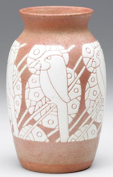 Appraisal: OVERBECK Vase carved by Elizabeth and Frances with stylized birds