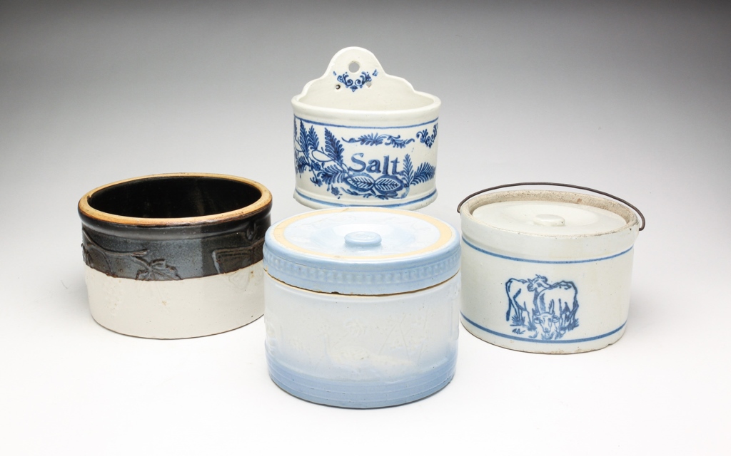 Appraisal: Circa A lidded butter crock with stenciled cobalt cows and