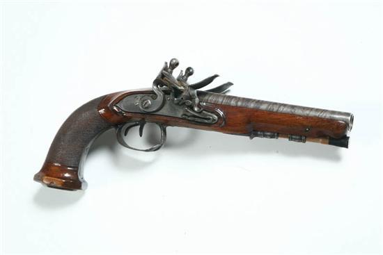 Appraisal: FLINTLOCK DOUBLE BARREL PISTOL European th century Checkered walnut stock