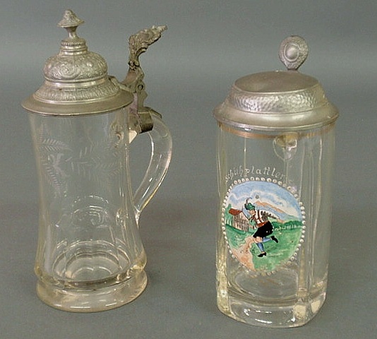 Appraisal: German etched glass liter stein h and another stein Schuhplattler