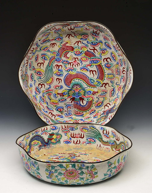 Appraisal: A PAIR OF CHINESE ENAMEL BOWLS of shaped form with