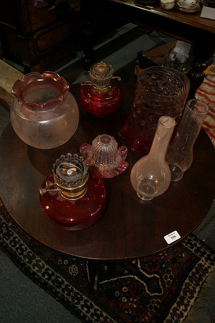 Appraisal: THREE CRANBERRY GLASS SHADES two cranberry glass bowls and two